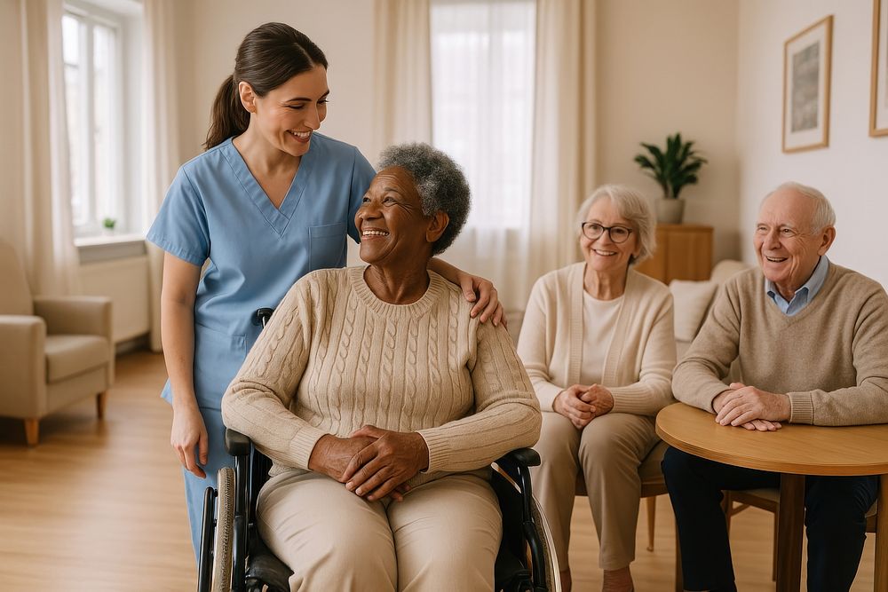Caregiver smiling with an elderly resident in a home
