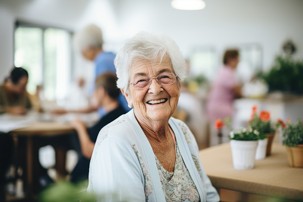 Elderly resident smiling in a bright care home